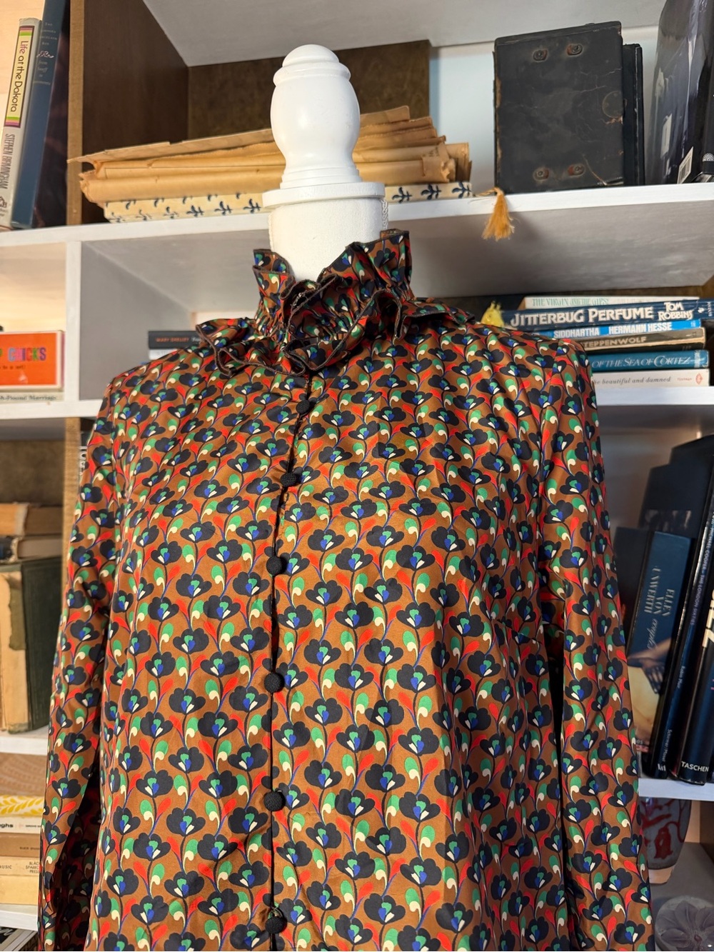 Zara Rust Multi Geometric Ruffle-Neck Button-Down Shirt - Picture 2 of 5